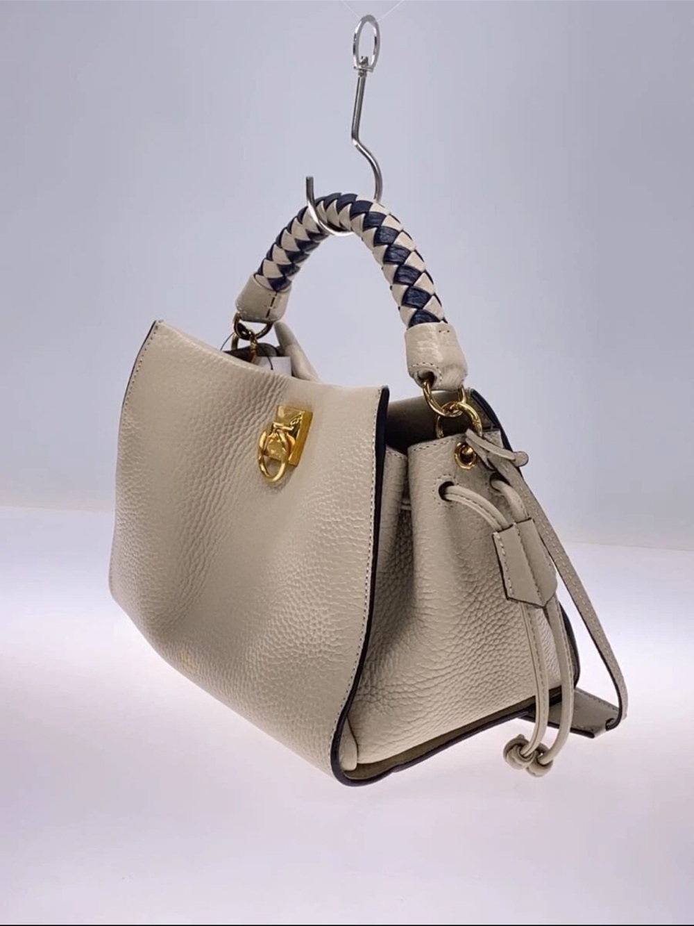 Mulberry Cream Leather Top-Handle Shoulder Bag with Navy Braid
